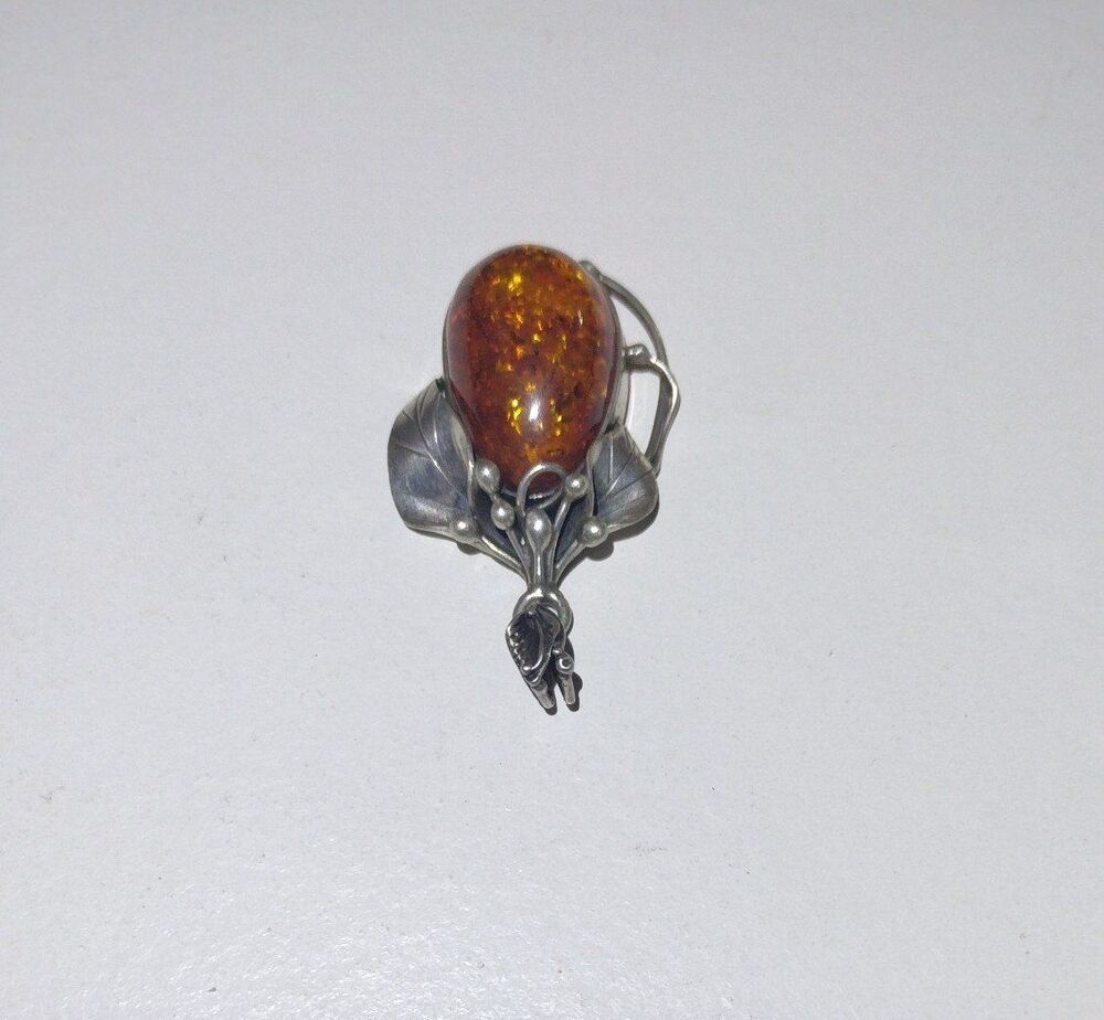 Beautiful Vintage Sterling Silver Amber Pendant - Delicate Vine Detailing - Picture 5 of 11